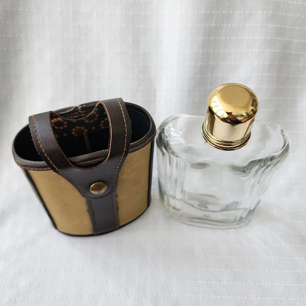 Vintage Ribbed Glass Hip Flask‎ with Two Tone Faux Leather Snap Sleeve Gold Cap